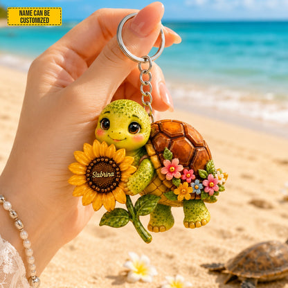 Sunflower Turtle Charm - Personalized Turtle Keychain