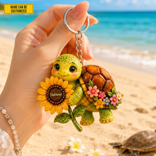 Sunflower Turtle Charm - Personalized Turtle Keychain