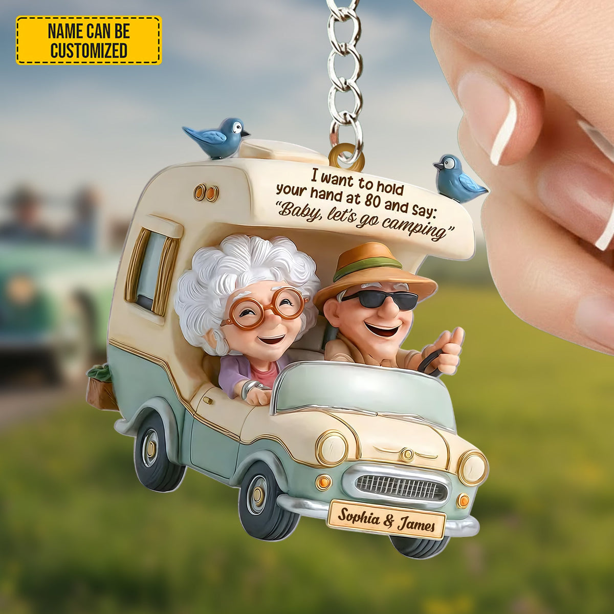 Personalized Old Couple Camping Keychain