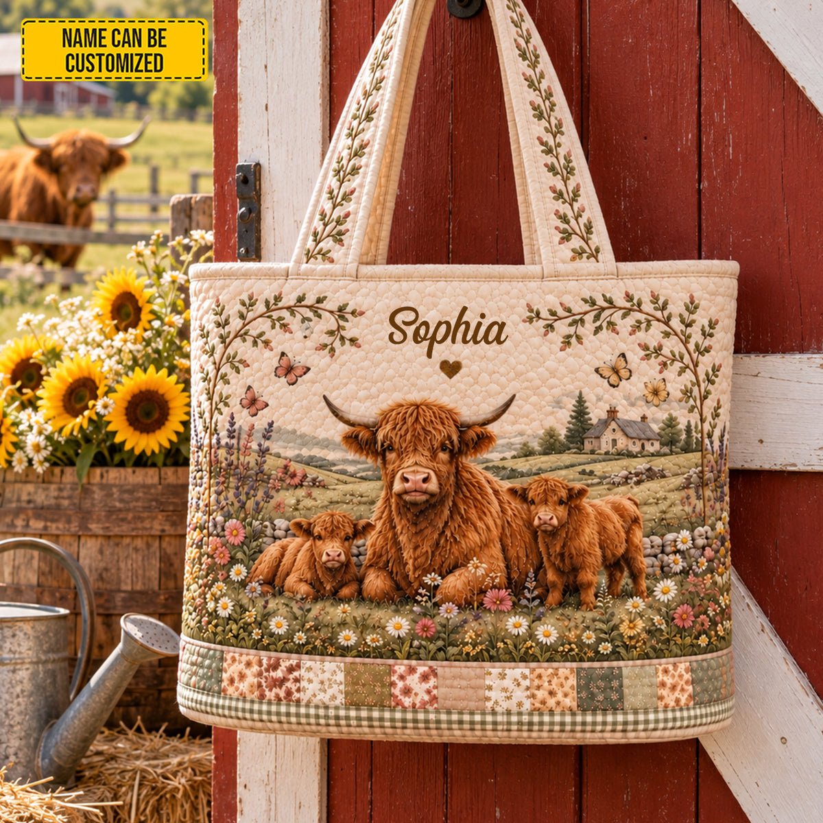 Personalized Highland Cow Quilted Tote Bag, Custom Name Farmhouse Beach Bag, Countryside Lover Gift