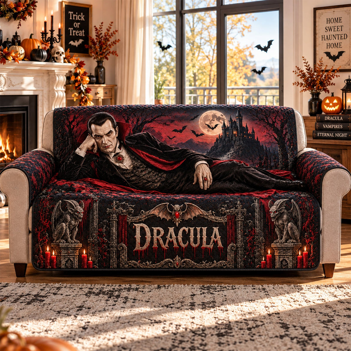Dracula Vampire Horror Sofa Cover – Halloween Horror Quilted Home Decor