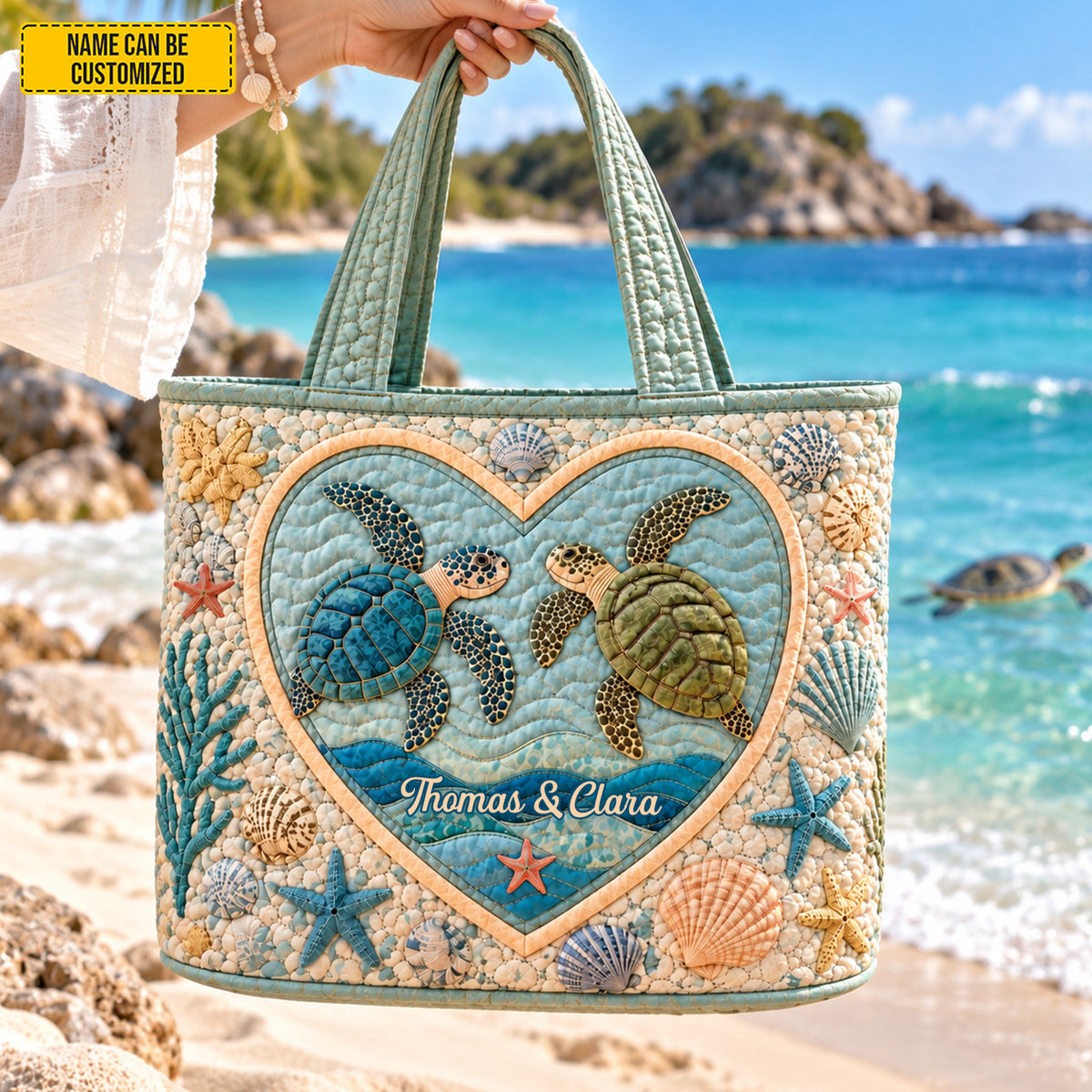 Personalized Sea Turtle Quilted Tote Bag, Custom Couple Names Beach Bag
