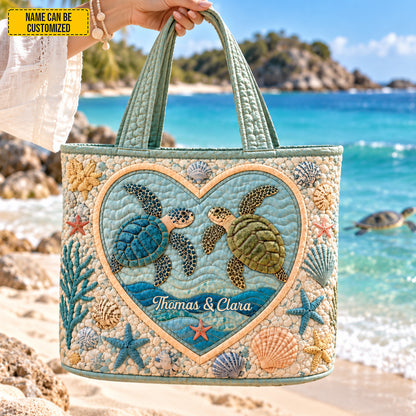 Personalized Sea Turtle Quilted Tote Bag, Custom Couple Names Beach Bag