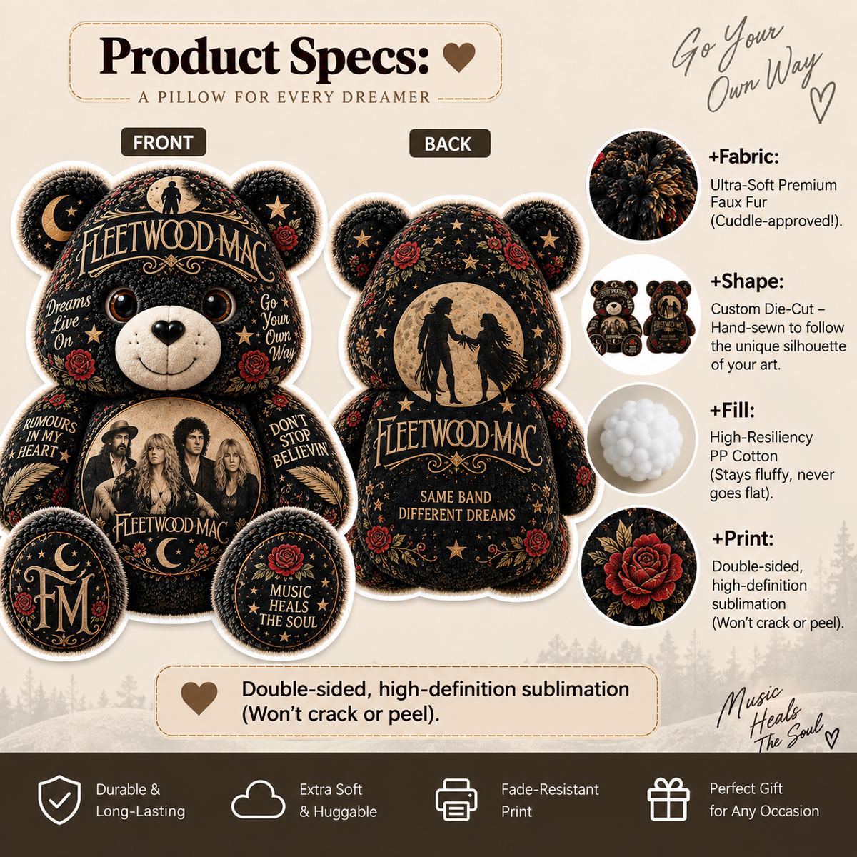Fleetwood Mac Bear Custom Shaped Pillow – Classic Rock Music Fan Gift, Vintage Rock Collectible