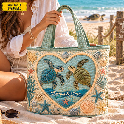 Personalized Sea Turtle Quilted Tote Bag, Custom Couple Names Beach Bag