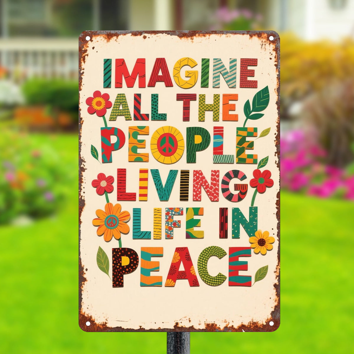 Imagine All The People Living Life In Peace - Hippie Metal Sign