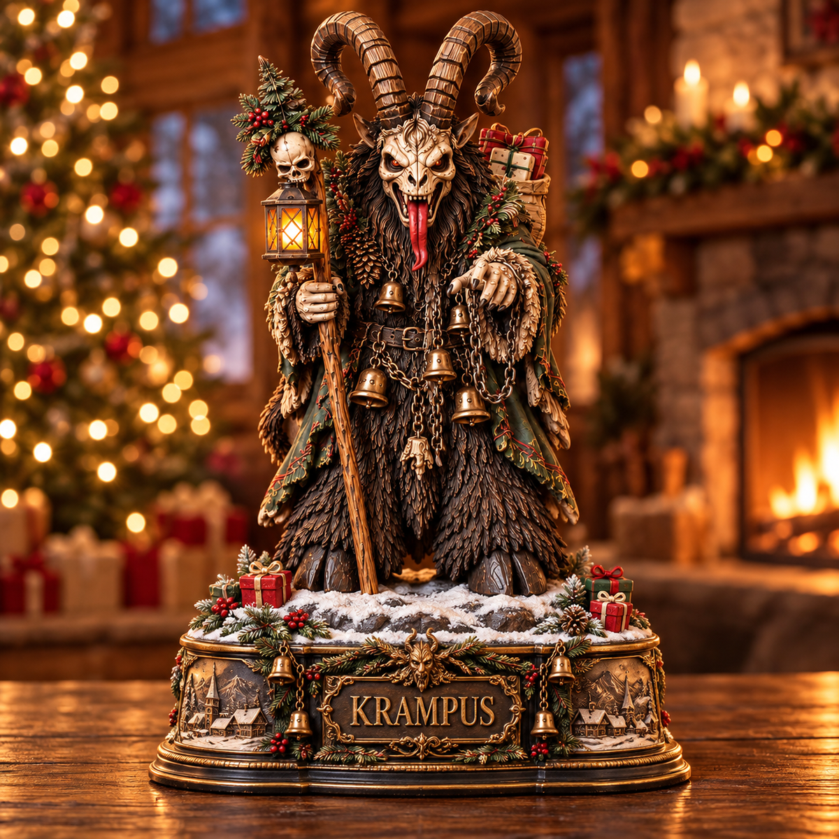 Krampus Christmas Wooden Block Sign – Dark Gothic Holiday Decor, Mythical Horned Demon with Bells and Festive Wreath, Spooky Christmas Collectible Statue, Unique Horror Christmas Gift for Krampus Lovers