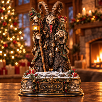 Krampus Christmas Wooden Block Sign – Dark Gothic Holiday Decor, Mythical Horned Demon with Bells and Festive Wreath, Spooky Christmas Collectible Statue, Unique Horror Christmas Gift for Krampus Lovers