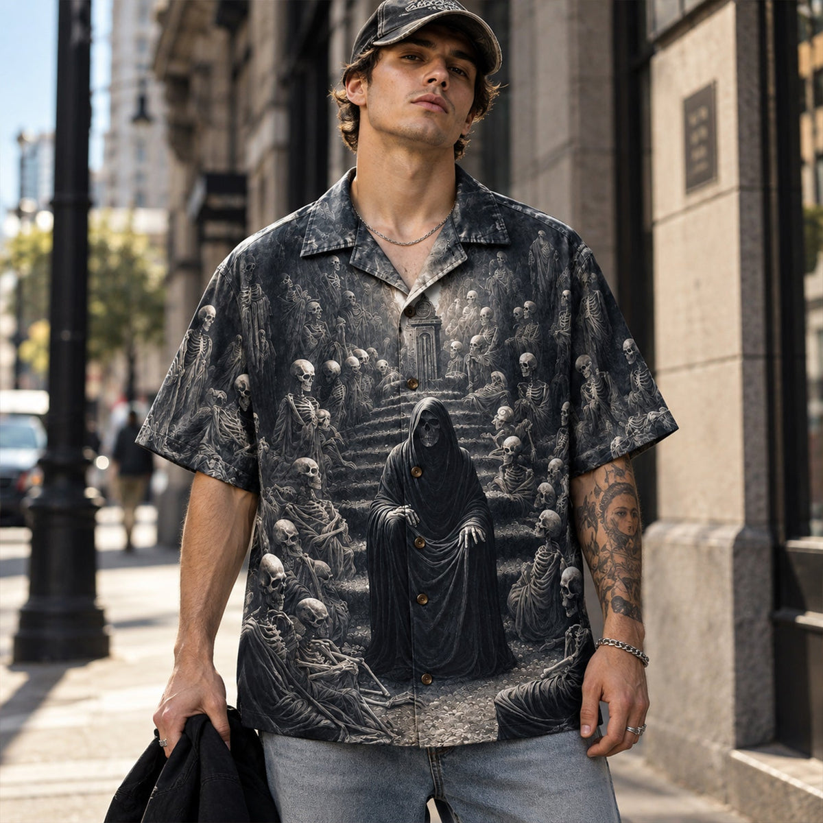 Memento Mori Skeleton Gathering – Gothic Hawaiian Shirt