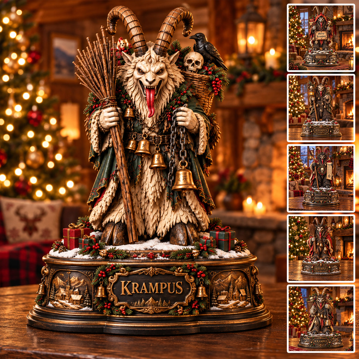 Krampus Christmas Wooden Block Sign – Dark Gothic Holiday Decor, Mythical Horned Demon with Bells and Festive Wreath, Spooky Christmas Collectible Statue, Unique Horror Christmas Gift for Krampus Lovers