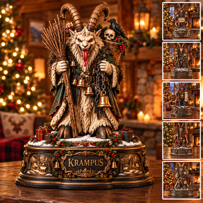 Krampus Christmas Wooden Block Sign – Dark Gothic Holiday Decor, Mythical Horned Demon with Bells and Festive Wreath, Spooky Christmas Collectible Statue, Unique Horror Christmas Gift for Krampus Lovers