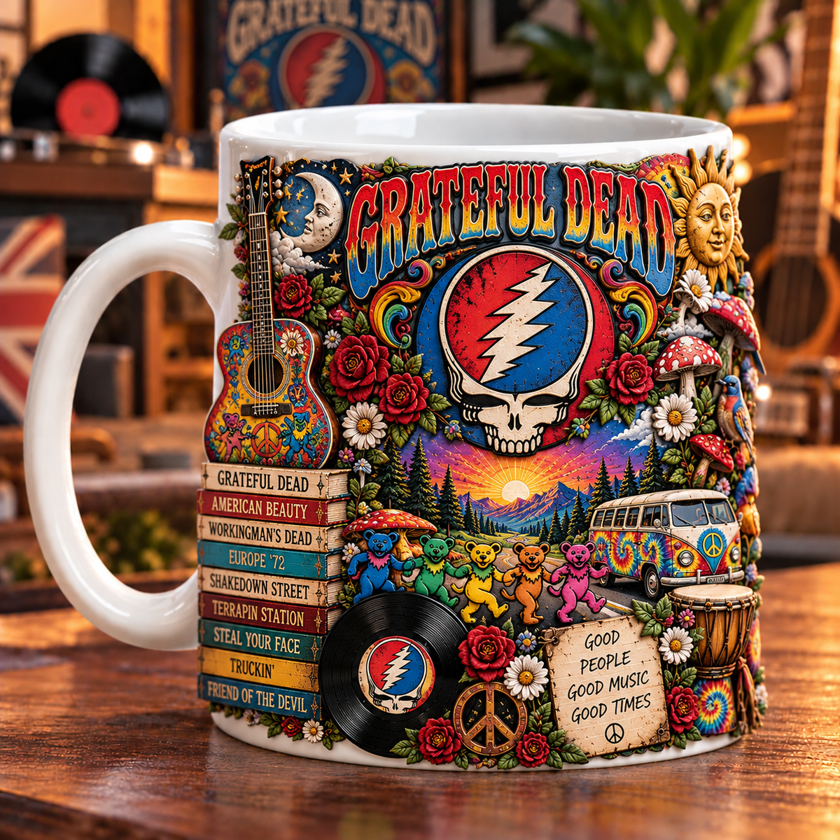 Grateful Dead Edge-to-Edge White Mug – Psychedelic Rock Inspired Gift Featuring Steal Your Face