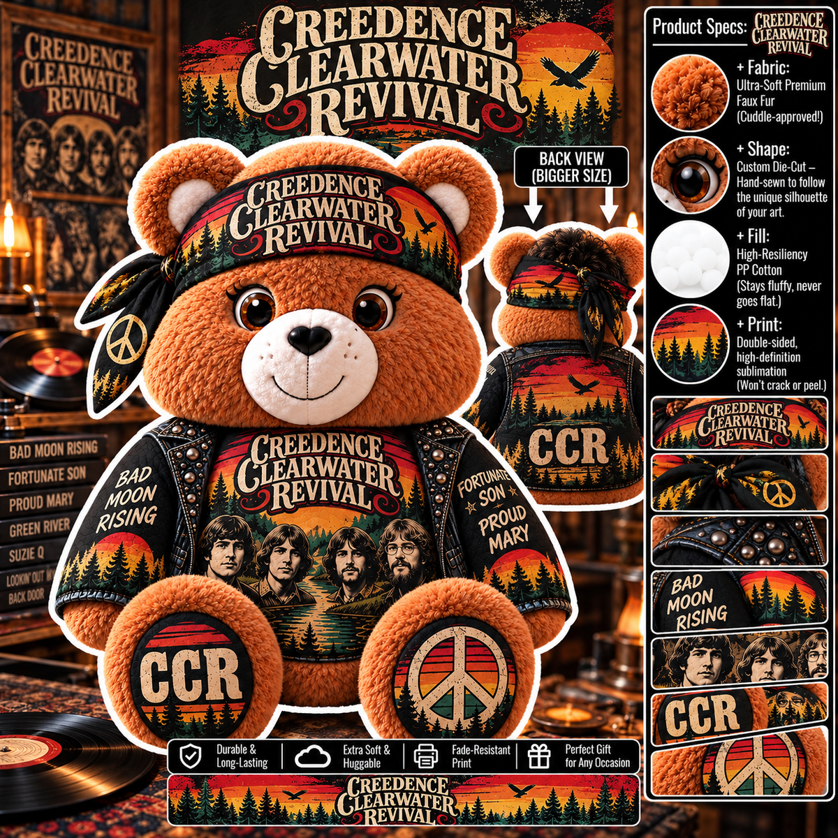 Creedence Clearwater Revival Custom Shaped Bear Pillow – Unique Gift for Classic Music Lovers