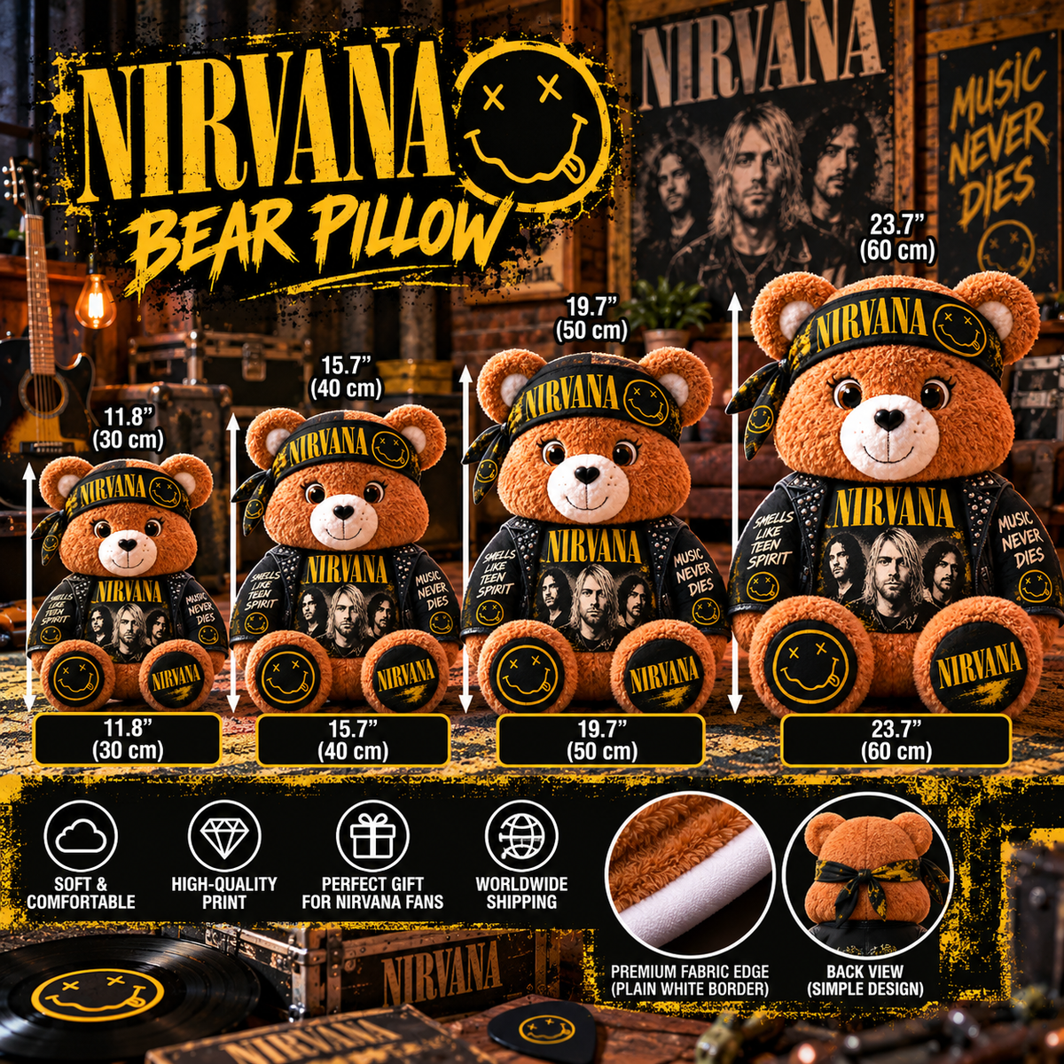 Nirvana Custom Shaped Bear Pillow – Unique Gift for Classic Music Lovers
