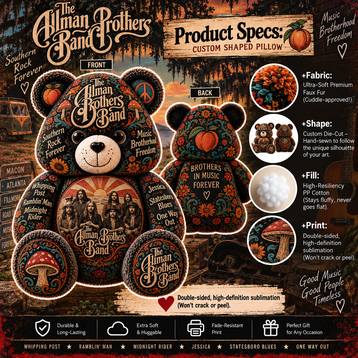 The Allman Brothers Band Southern Rock Bear Custom Shaped Pillow – Music Fan Gift, Classic Rock Collectible