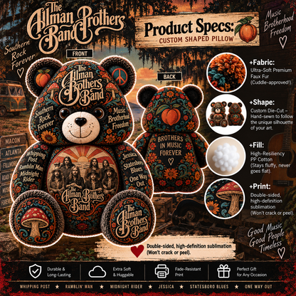 The Allman Brothers Band Southern Rock Bear Custom Shaped Pillow – Music Fan Gift, Classic Rock Collectible
