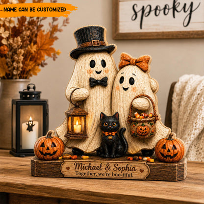 Personalized Ghost Couple Wooden Block, Custom Halloween Couple Gift, Black Cat Decor, Boo-tiful Keepsake