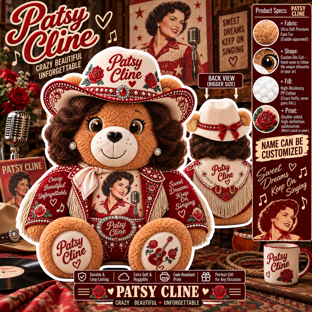 Patsy Cline Custom Shaped Bear Pillow – Unique Gift for Patsy Cline Fans & Vintage Country Music Lovers