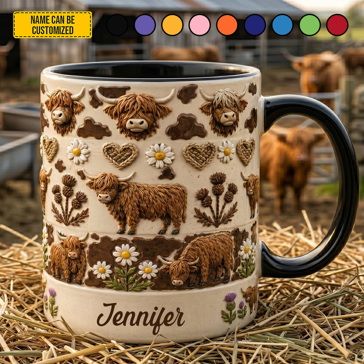 Personalized Highland Cow Floral Accent Mug