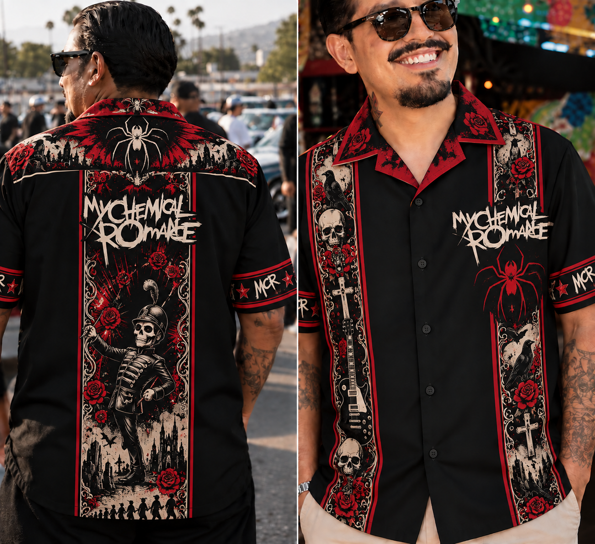 My Chemical Romance Hawaiian Shirt – Gothic Emo Rock Inspired Gift Featuring The Black Parade, Red Roses, Skulls & Iconic MCR Symbols.
