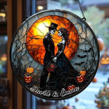 Personalized Gothic Skull Couple Stained Glass Suncatcher, Hanging Decor