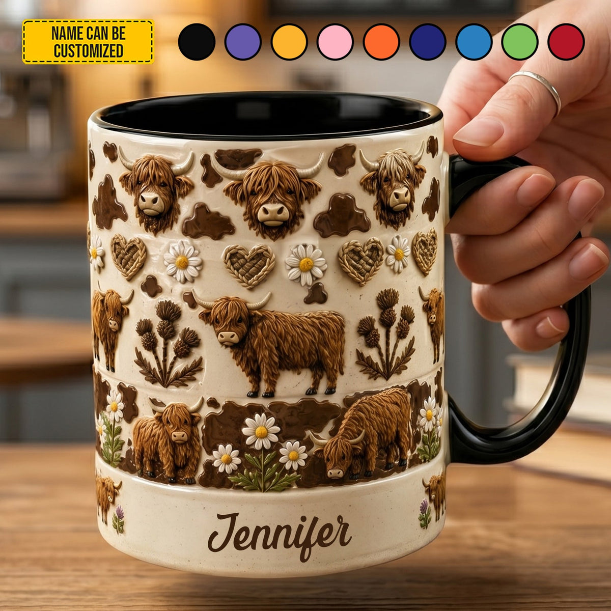Personalized Highland Cow Floral Accent Mug