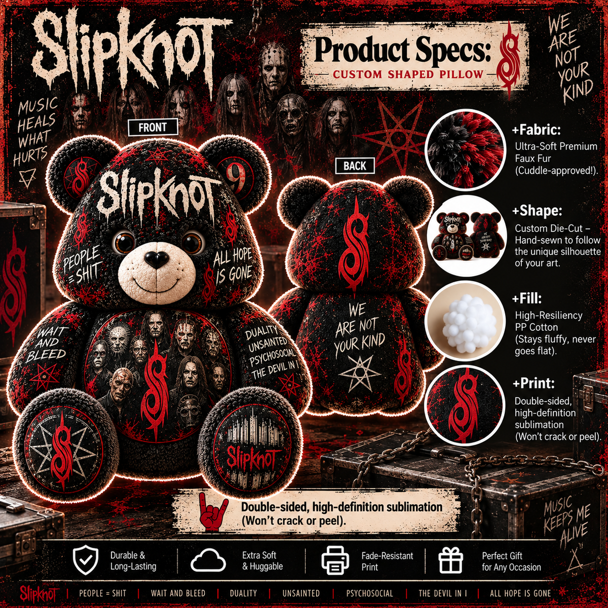 Slipknot Bear Custom Shaped Pillow – Heavy Metal Music Fan Gift, Iowa & All Hope Is Gone Collectible