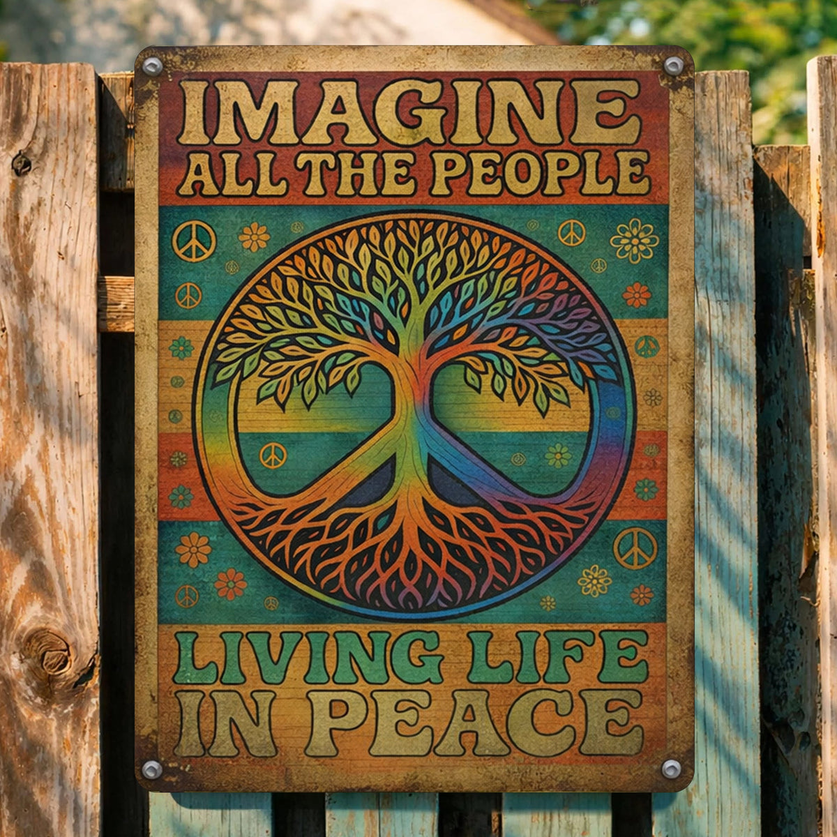 Imagine All The People Living Life In Peace - Hippie Metal Sign Version 3