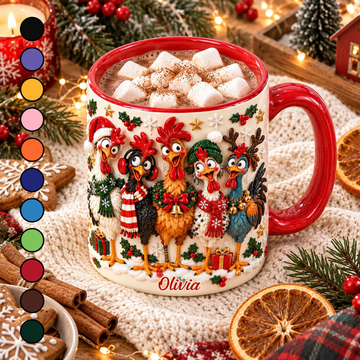 Personalized Christmas Chicken Mug, Custom Name Funny Rooster Holiday Coffee Cup