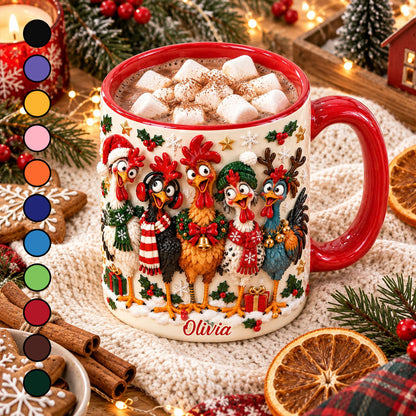 Personalized Christmas Chicken Mug, Custom Name Funny Rooster Holiday Coffee Cup