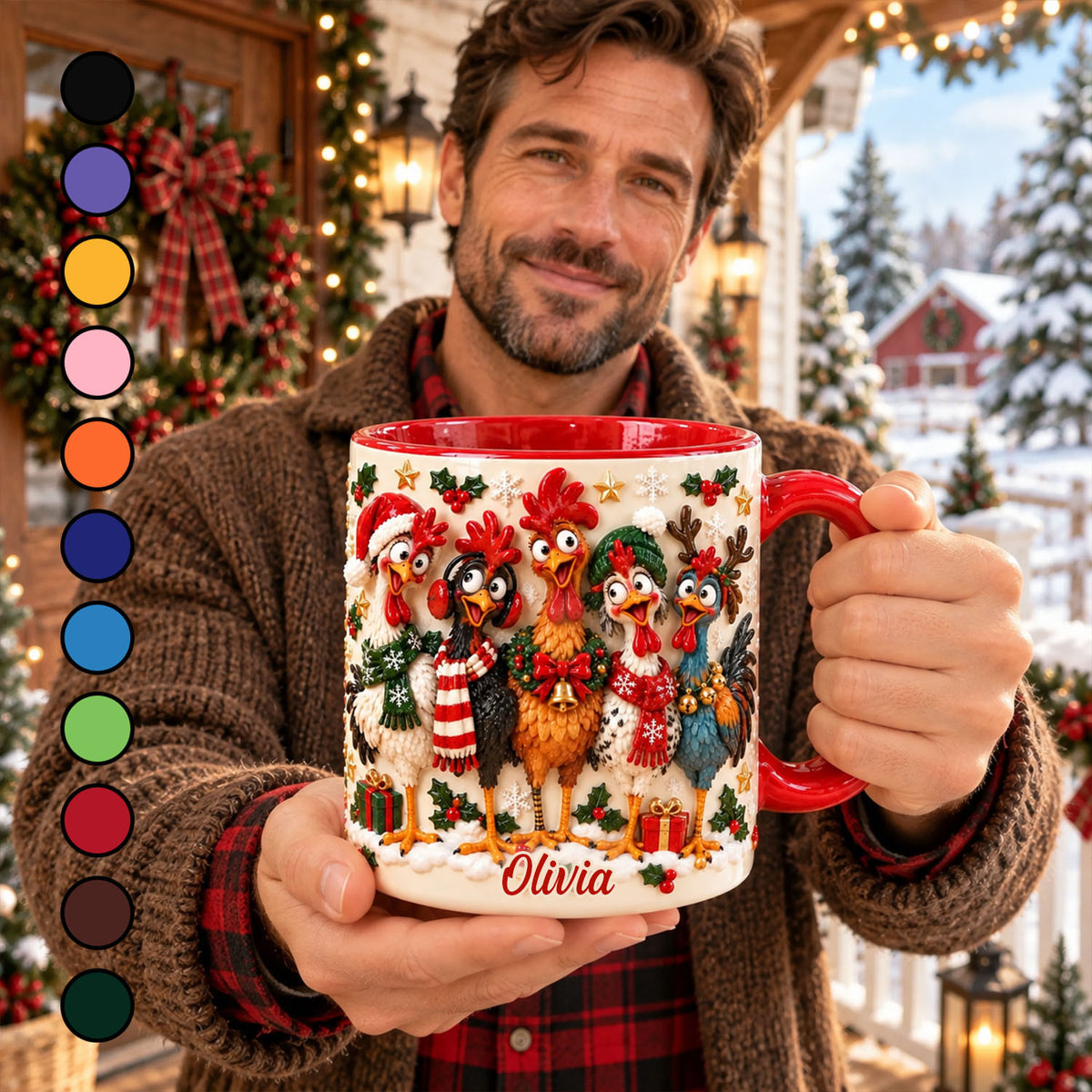 Personalized Christmas Chicken Mug, Custom Name Funny Rooster Holiday Coffee Cup
