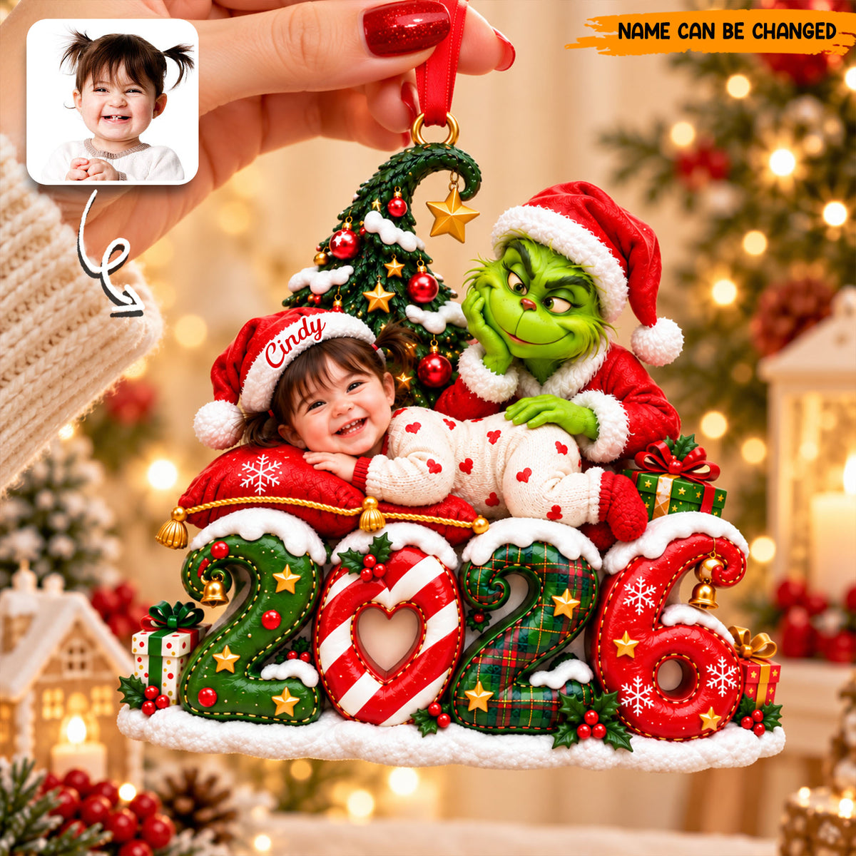Personalized Grinch Baby Christmas Ornament, Custom Photo & Name 2026 Holiday Tree Decor