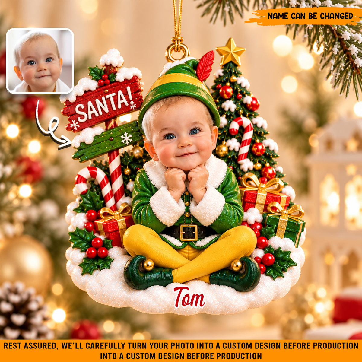 Personalized Baby Elf Christmas Ornament, Custom Photo & Name Holiday Tree Decor