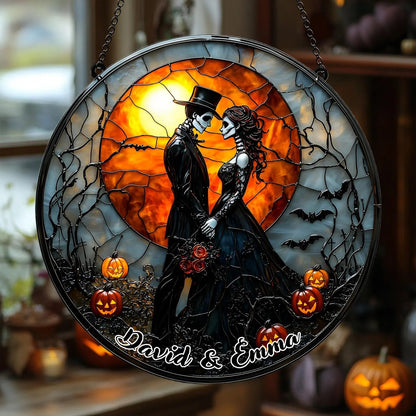 Personalized Gothic Skull Couple Stained Glass Suncatcher, Hanging Decor