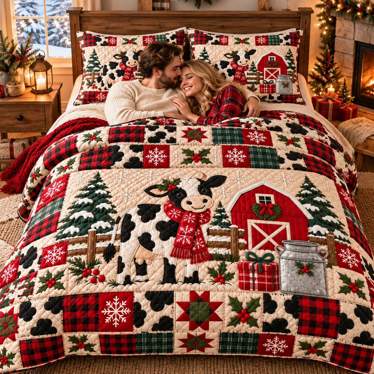Farmhouse Cow Christmas Quilt Bedding Set