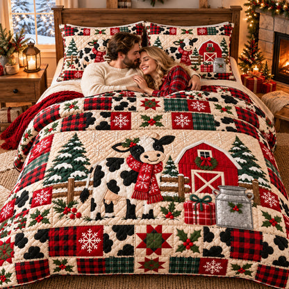 Farmhouse Cow Christmas Quilt Bedding Set