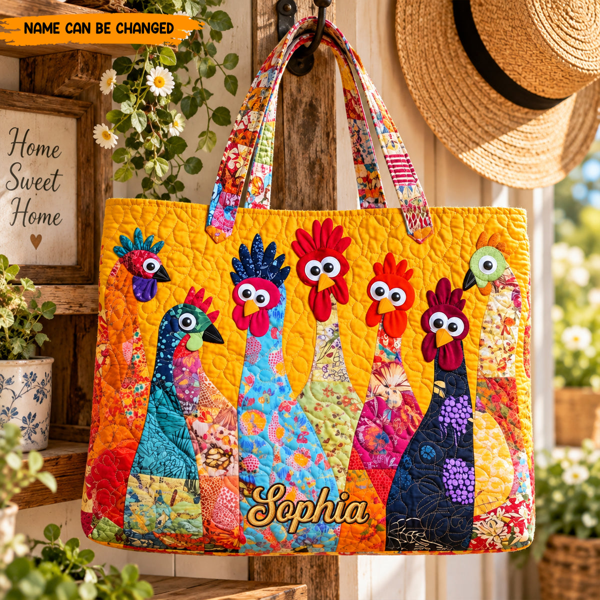 Personalized Chicken Quilted Tote Bag, Custom Name Farmhouse Beach Bag