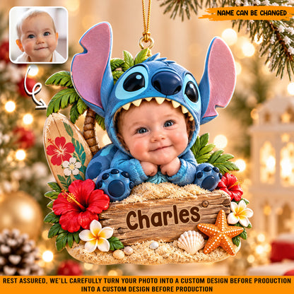 Personalized Baby Stitch Christmas Ornament, Custom Photo & Name Holiday Tree Decor