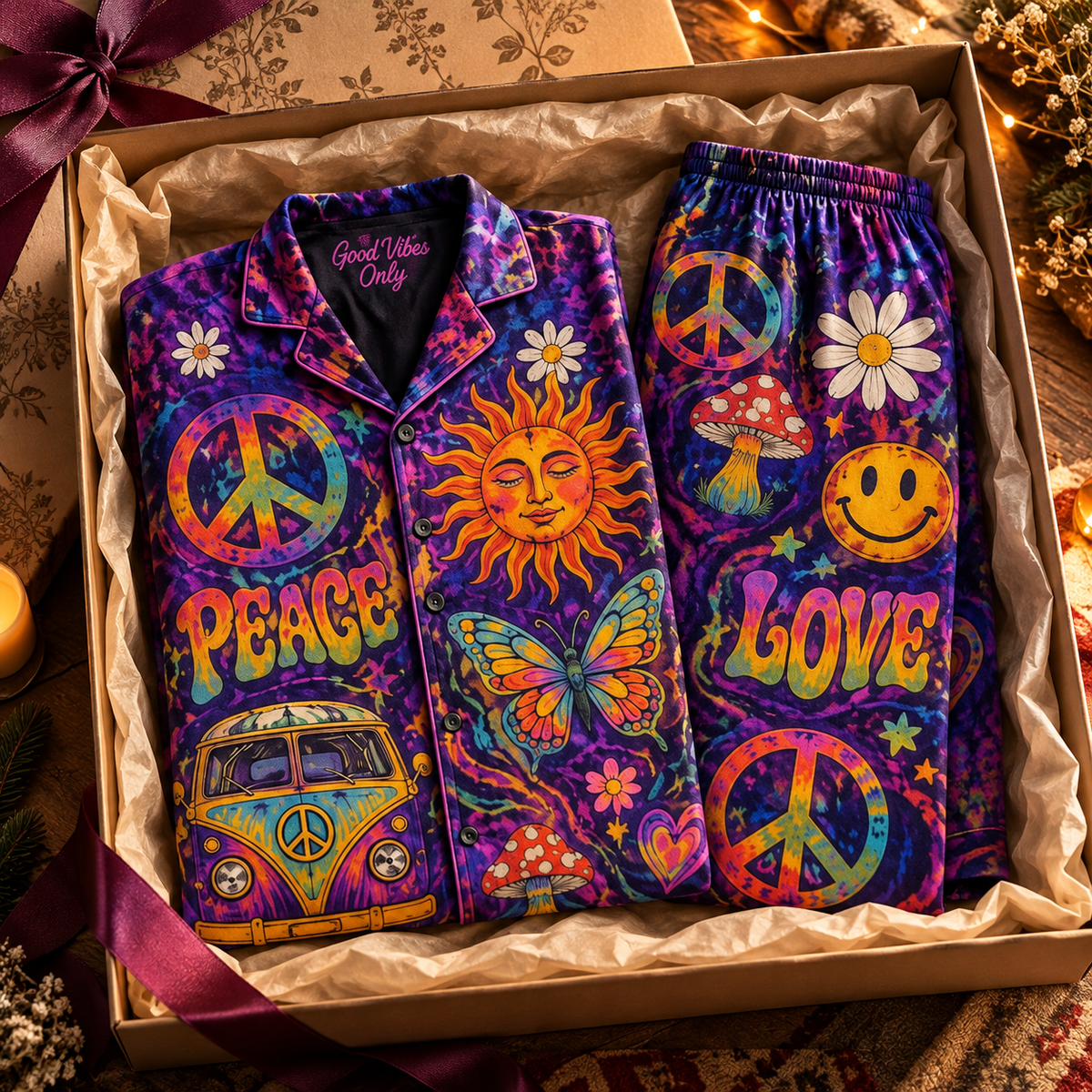 Hippie Peace and Love Pajama Set – Gift for Hippie Lovers