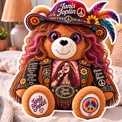 Janis Joplin Custom Shaped Bear Pillow – Unique Gift for Classic Music Lovers
