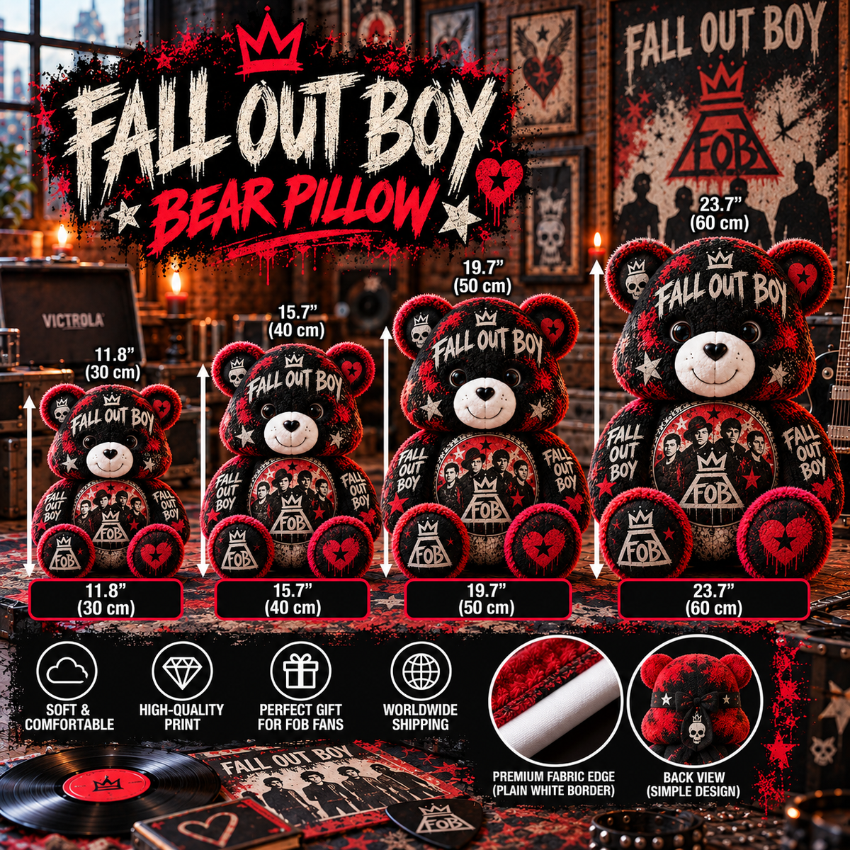 Fall Out Boy Custom Shaped Bear Pillow – Unique Gift for Classic Music Lovers