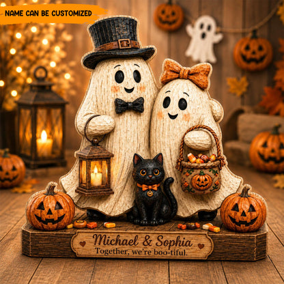 Personalized Ghost Couple Wooden Block, Custom Halloween Couple Gift, Black Cat Decor, Boo-tiful Keepsake