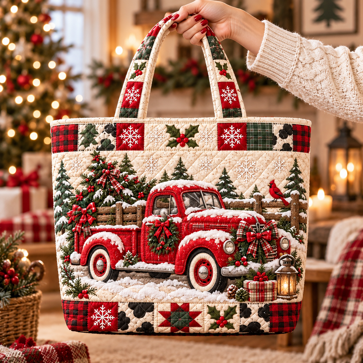Christmas Country Truck Print Quilted Tote Bag