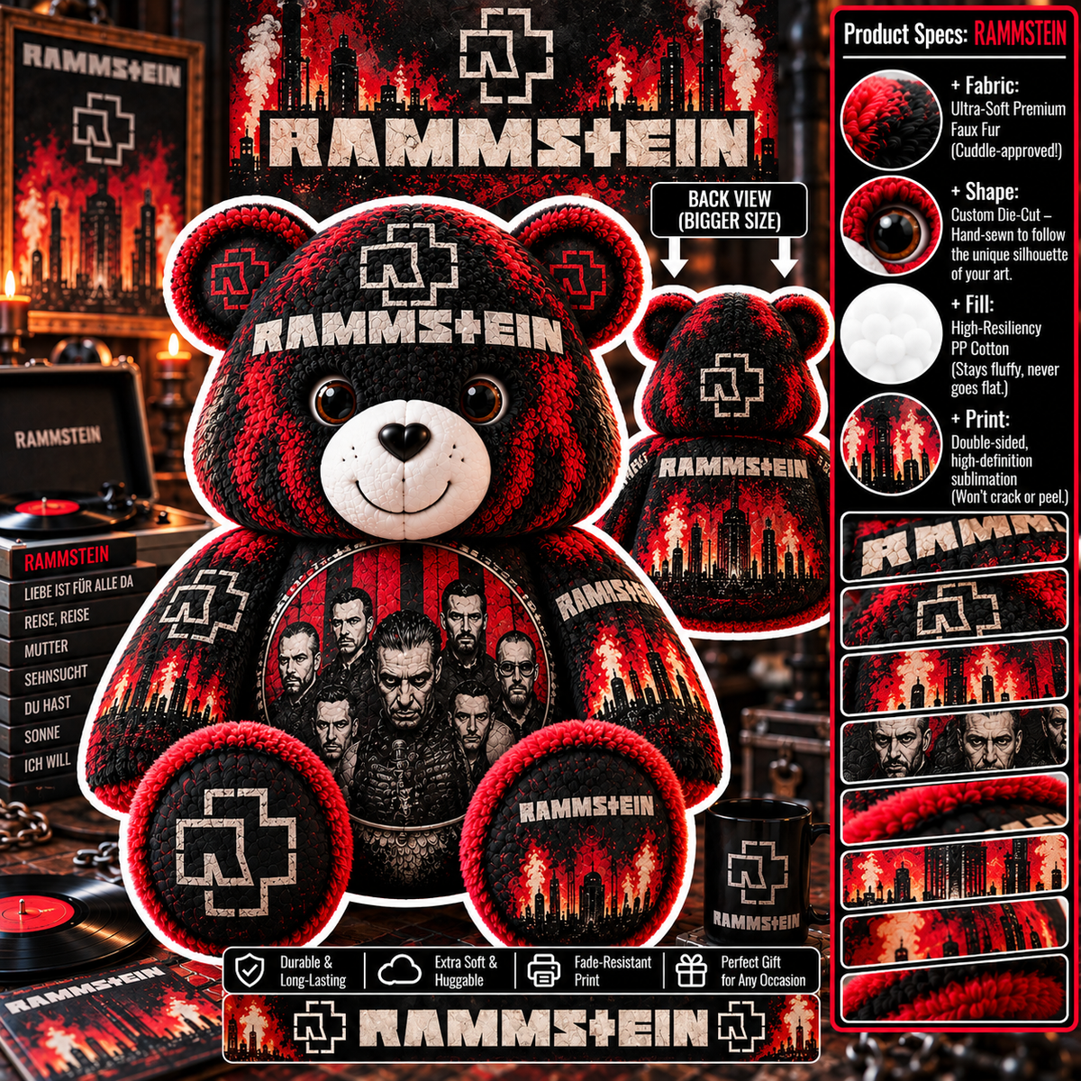 Rammstein-Custom Shaped Bear Pillow – Unique Gift for Classic Music Lovers