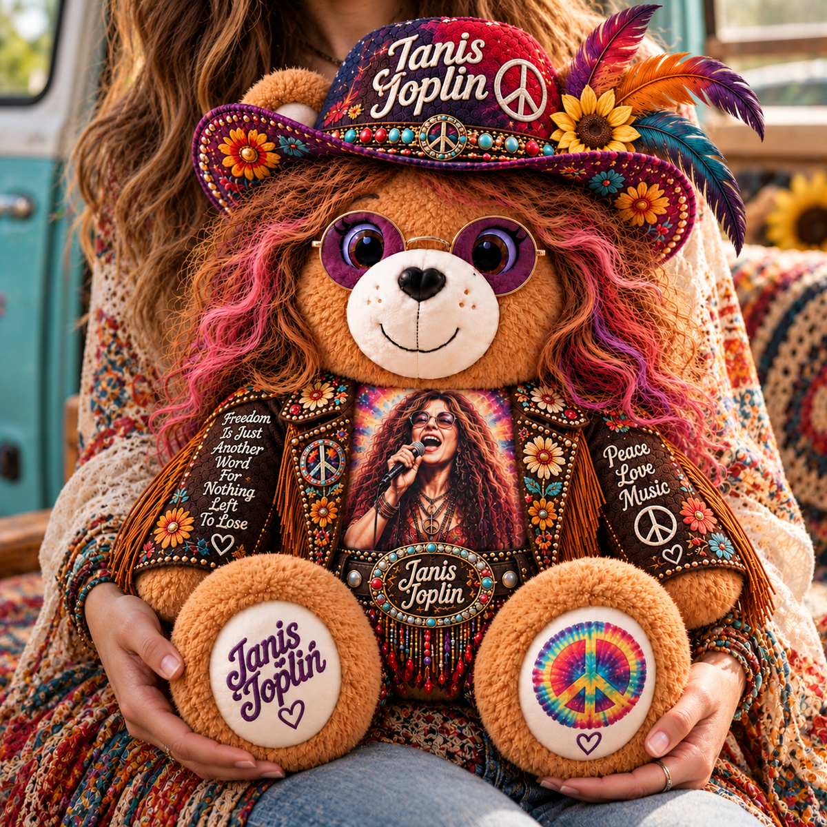 Janis Joplin Custom Shaped Bear Pillow – Unique Gift for Classic Music Lovers