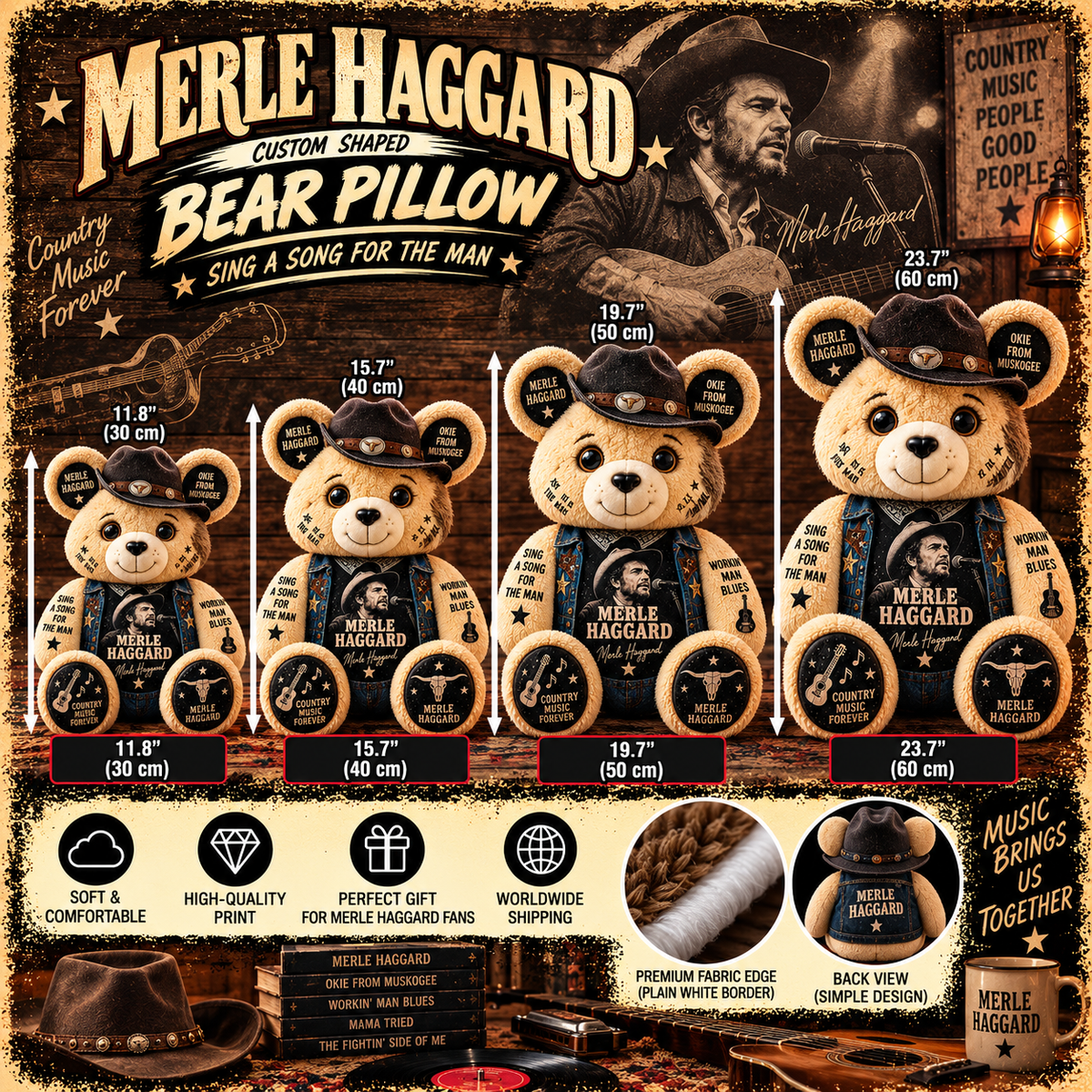 Merle Haggard Custom Shaped Bear Pillow – Unique Gift for Classic Music Lovers