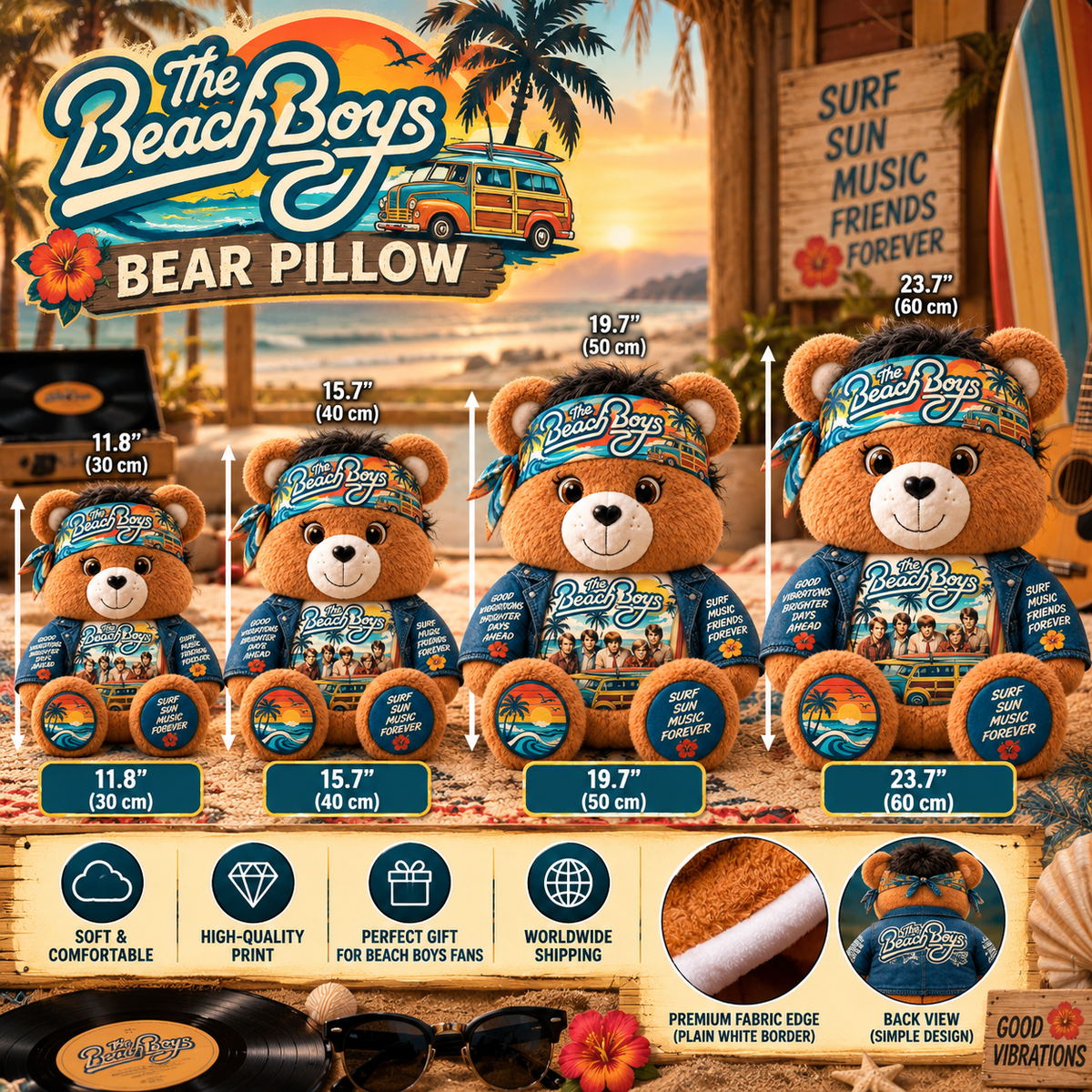The Beach Boys Custom Shaped Bear Pillow – Unique Gift for Classic Music Lovers