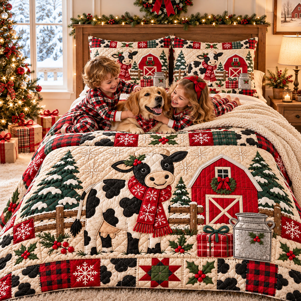 Farmhouse Cow Christmas Quilt Bedding Set