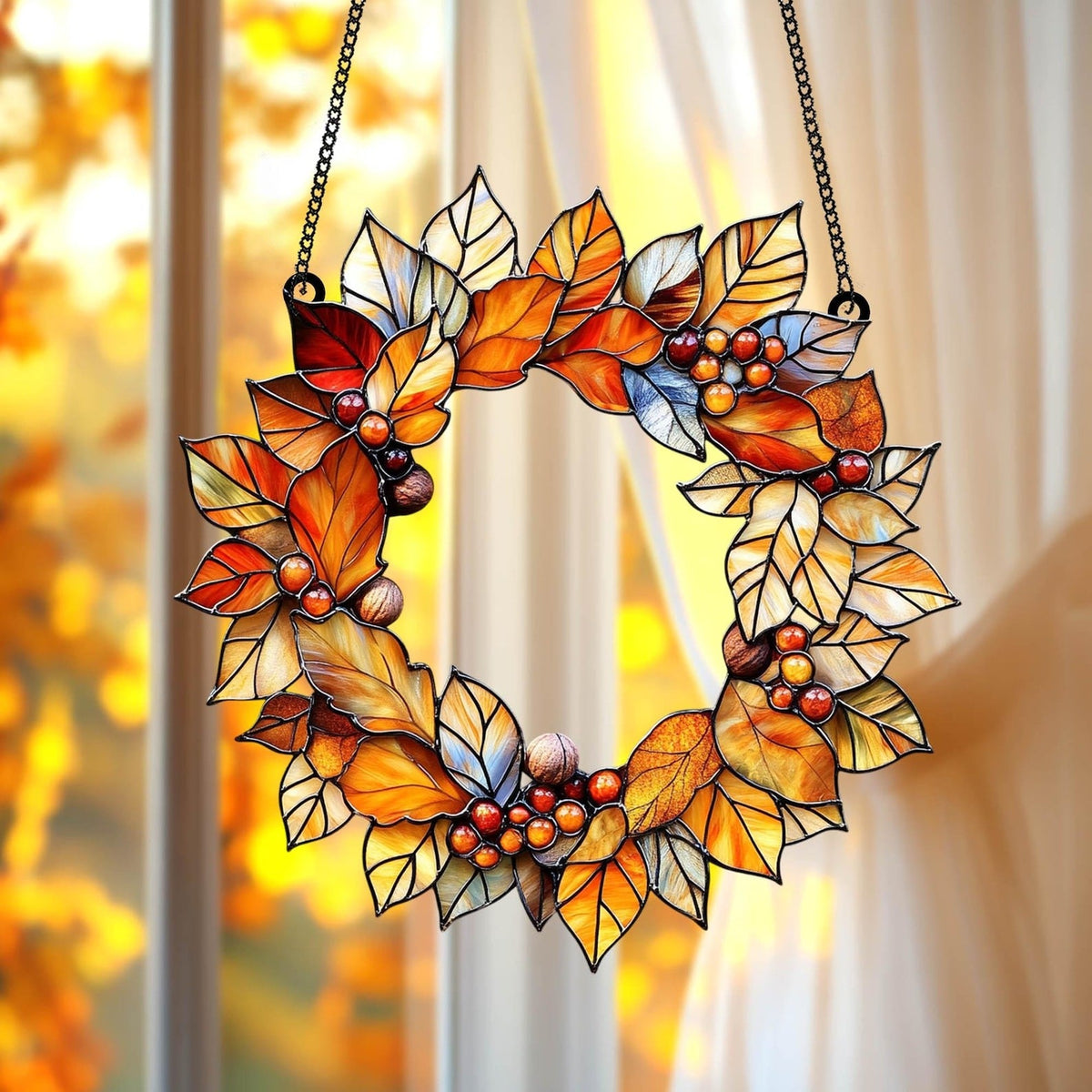 Fall Leaves Wreath Acrylic Window Hanging, Acrylic Window Hanging