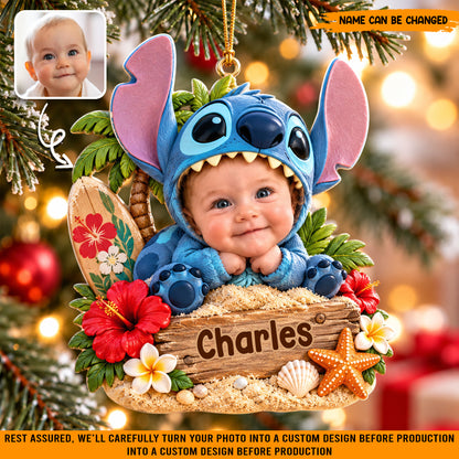 Personalized Baby Stitch Christmas Ornament, Custom Photo & Name Holiday Tree Decor